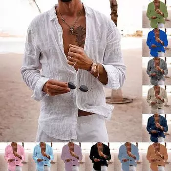 2023 Мужская однотонная свободная рубашка из хлопка и льна с длинным рукавом и отворотом XXL розовый