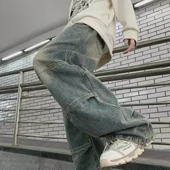 2023 Мужские джинсы American Retro с потертостями, широкие, длиной до пола XL синий