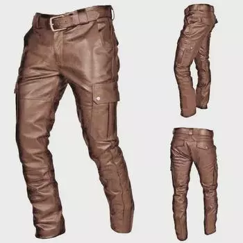 2023 Мужские европейский размер темные мотоциклетные кожаные штаны: Повседневная мода осень-зима 4XL коричневый
