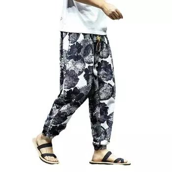 2023 Мужские осенние брюки большого размера из хлопка и льна с цветочным принтом в стиле ретро Slim-Fit XL