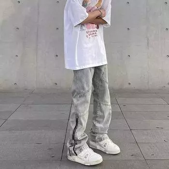 2023 Мужские расклешенные джинсы с потертостями и молнией: Американский стиль High Street 2XL светло-синий