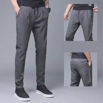 2023 Мужские свободные брюки Ice Silk: Легкие модные летние повседневные брюки прямого кроя в корейском стиле. M чёрный