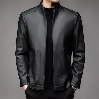 Мужские трендовые элегантные повседневные ветрозащитные куртки из искусственной кожи, мужские куртки-бомберы с воротником-стойкой, черные тонкие пальто из искусственной кожи на молнии, уличная одежда M чёрный