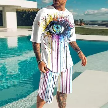 2023 Мужской повседневный комплект, модный костюм из 2 предметов, лоскутная футболка с коротким рукавом, шорты, комплекты, мужская спортивная одежда, спортивный костюм, летний спортивный костюм S