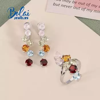 2023 Натуральные необычные цветные драгоценные камни Кольцо Серьги Комплект ювелирных изделий Стерлингового серебра 925 пробы Ювелирные изделия Женский подарок на юбилей, вечеринку, день рождения us ring size 6# жёлтый/синий