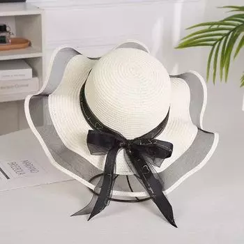 2023 New Arrival Women s Voile Big Brim Wave Bows Mesh Ribbon Straw Hat Monochrome Dome Sun-Proof Beach Hat Milk White One size