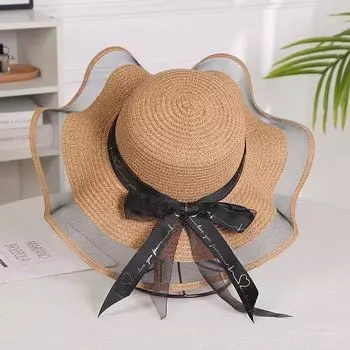 2023 New Arrival Women s Voile Big Brim Beach Hat Butterfly Sun Protection Edge Ribbon Straw Hat Monochrome Dome Knot Net Wave Curry color One size