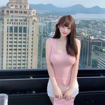 2023 New Big U Collar Pure Desire Style Silm Sexy Push-up Big Sleeveless Versatile Bottoming Strap Vest T-shirt Women s Top Pink L
