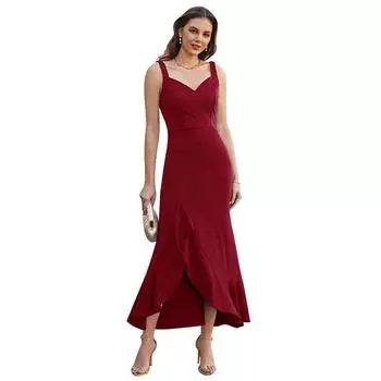 2023 New Fashion Asymmetric Ruffles Evening Party Dress V-neck Brace Maxi Dress Red XL