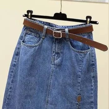 2023 Новая джинсовая юбка А-силуэта с высокой талией, вышивкой и разрезом на бедрах для женщин - осенний тренд S