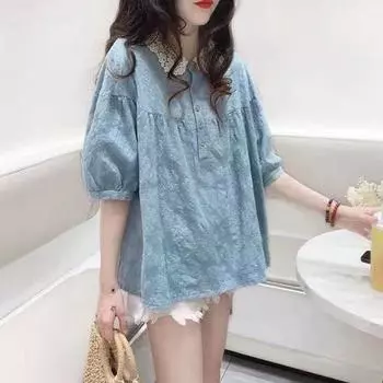 2023 Новая корейская свободная однотонная женская рубашка с кружевной вышивкой в виде сердца M розовый