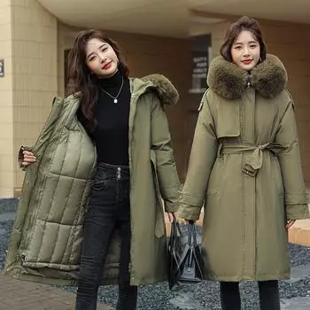 2023 Новая куртка-парка, женский плащ плюс утолщенное пальто средней длины с меховым воротником M хаки