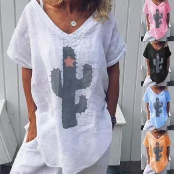 2023 Новая летняя модная футболка с короткими рукавами, топы, повседневная свободная хлопковая льняная рубашка с забавным принтом кактуса, верхняя блузка для женщин, большие размеры S-5XL S дубильная кора