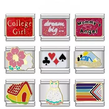 2023 Новая модная блестящая юбка с цветочным домиком, очаровательные итальянские звенья, подходят для браслета 9 мм, ювелирные изделия из нержавеющей стали DJ666-B