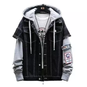 2023 Новая модная мужская джинсовая куртка с капюшоном и вязаными рукавами. Уличная одежда в стиле хип-хоп. Весенние и осенние повседневные куртки с аппликацией. XL (60-67KG) светло-синий