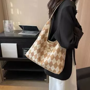 2023 Новая модная сумка-тоут с контрастной сумкой через плечо с ромбовидной сеткой и сетчатой сумкой большой вместимости для студентов колледжей, которые ездят на занятия и обратно