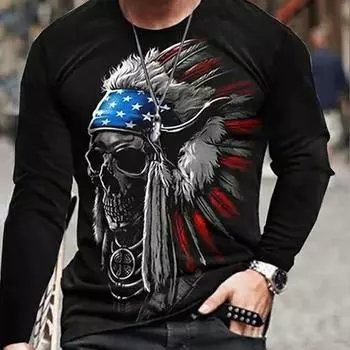 2023 Новая мужская футболка с круглым вырезом и длинным рукавом в стиле ретро с черепом и 3D-печатью, осенняя толстовка с капюшоном, футболки Pleasure, мужская одежда S