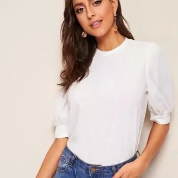 2023 Новая однотонная футболка с круглым вырезом и рукавами-фонариками на пуговицах XS