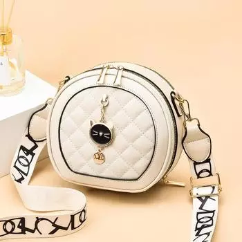 2023 Новая стильная маленькая сумка, женская сумка на плечо в иностранном стиле, модный широкий плечевой ремень, маленькая круглая сумка через плечо в клетку с бриллиантами 19.5x18x10cm белый