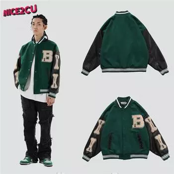 2023 Новая тенденция Хип-хоп Уличная одежда с вышивкой букв Бейсбольная куртка Пальто с вышивкой костей Воротник-стойка Японская уличная одежда Куртка-бомбер для колледжа L чёрный