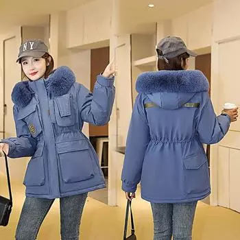 2023 Новая тканевая пуховая хлопковая куртка стандартного стиля, женское тонкое пальто средней длины с большим меховым воротником на талии M чёрный