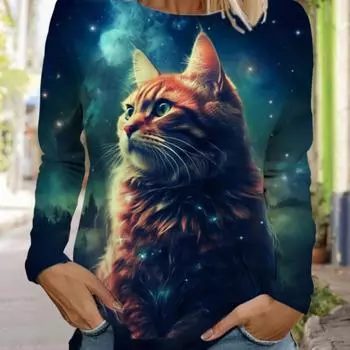 2023 Новая женская футболка с круглым вырезом и длинными рукавами, футболка высокого качества с милым принтом кота, модная, удобная для отдыха с длинными рукавами 3XL