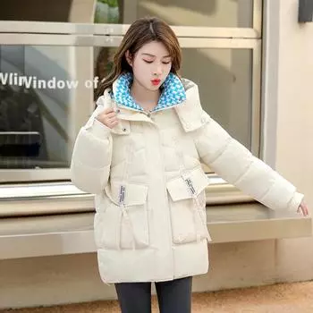 2023 Новая женская куртка средней длины с капюшоном и утолщенным и теплым модным воротником с цветочным узором, свободная куртка больших размеров M
