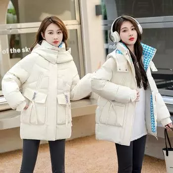 2023 Новая женская куртка средней длины с капюшоном и утолщенным и теплым модным воротником с цветочным узором, свободная куртка больших размеров M чёрный