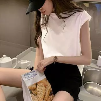 2023 Новая женская однотонная свободная модная футболка без рукавов, топ M чёрный