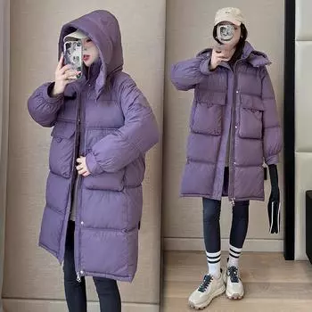 2023 Новая женская пуховая куртка с капюшоном средней длины, свободная и тонкая на талии, с полупряжкой на полупряжке M чёрный