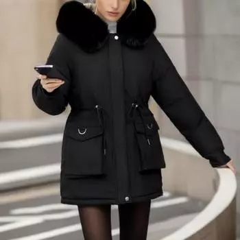 2023 Новая зимняя хлопковая теплая куртка на утепленном пуху, пальто, женские повседневные парки, осенняя одежда, свободная модная верхняя одежда с меховой подкладкой M чёрный