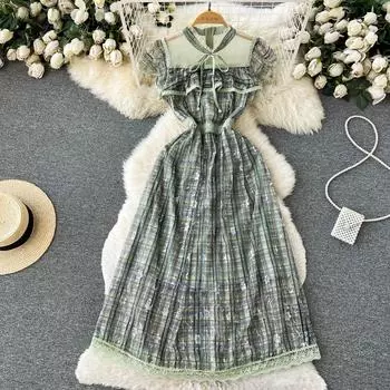 2023 Новое летнее модное винтажное платье с цветочной вышивкой, благородное элегантное женское платье с бантом и бисером, сетчатое лоскутное женское праздничное платье S зелёный