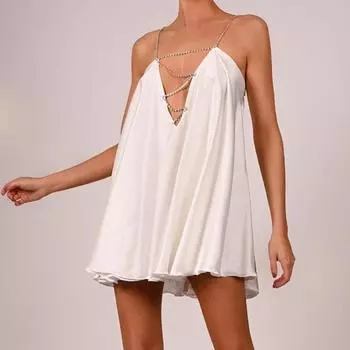 2023 Новое летнее женское мини-платье, модное свободное платье с бриллиантами на бретельках, сексуальное вечернее платье с v-образным вырезом и открытой спиной, клубная одежда L белый