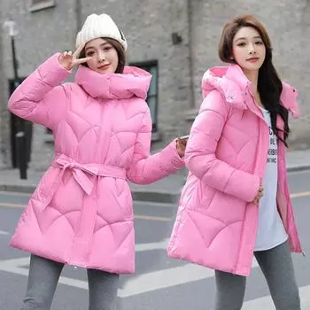 2023 Новое приталенное пуховое пальто женское популярное пальто средней длины зимнее утолщенное тонкое пальто с поясом M белый