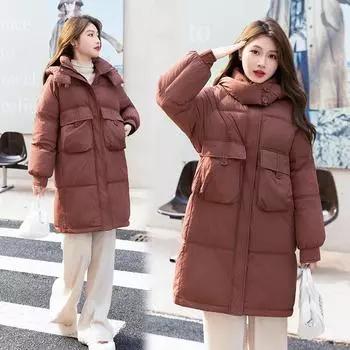 2023 Новое пуховое пальто с капюшоном, женское свободное и тонкое пуховое пальто средней длины M чёрный