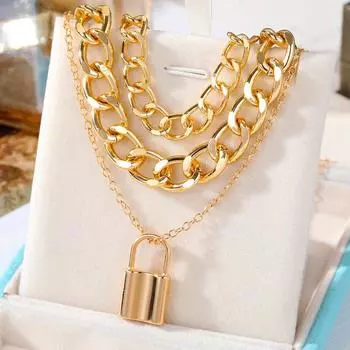 2023 Новое роскошное ожерелье для женщин, очаровательное темпераментное универсальное ожерелье, ожерелье с подвеской в виде индивидуального замка, толстая цепочка, женское ожерелье из трех частей золотой