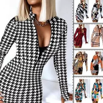 2024 Новое женское модное леопардовое платье с длинным рукавом, сексуальные вечерние платья на молнии средней длины S белый