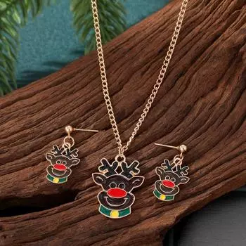 2023 Новогодний подарок девушке Элегантные серьги в виде лося Ожерелье из 3 предметов Модные серьги Подвеска в виде лося Женщины Рождественский подарок Индивидуальная цепочка на свитер с кисточками чёрный
