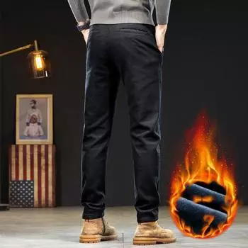 2023 Новые длинные брюки с плюшем и утолщенной имитацией джинсовой ткани повседневные брюки прямые облегающие эластичные универсальные мужские брюки 28 чёрный