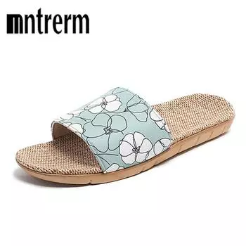 2023 Новые льняные тапочки женские летние домашние сандалии для пар с мягкой подошвой и летние тапочки для пола в подарок 35-36 небесно-голубой