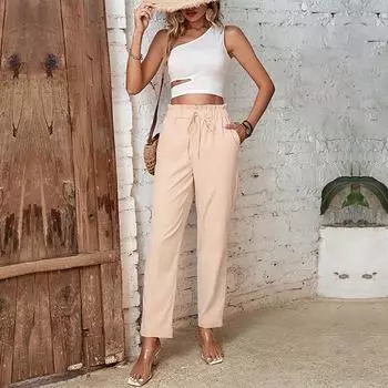 2023 Новые летние повседневные брюки для Европы и США. Маленькие эластичные брюки с девятью точками. S бежевый