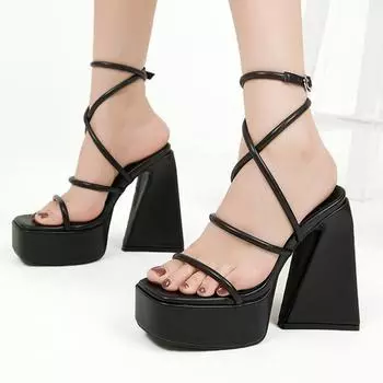 2023 новые пикантные туфли-лодочки с завязками, женская обувь для вечеринок на высоком каблуке, массивные сандалии в Риме, женская обувь, сандалии, удобная универсальная женская обувь 35 чёрный