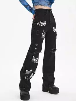2023 Новые рваные джинсы с принтом бабочки S чёрный