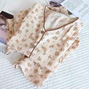 2023 новые весенне-летние женские пижамы, брюки с длинными рукавами, комплект из двух предметов из 100% хлопка, креп Sen, домашняя одежда, пижама