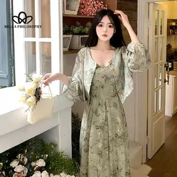 2023 новые женские модные комплекты с принтом, платье с зелеными цветами, сексуальный женский костюм, элегантная женская одежда с длинными рукавами L зелёный