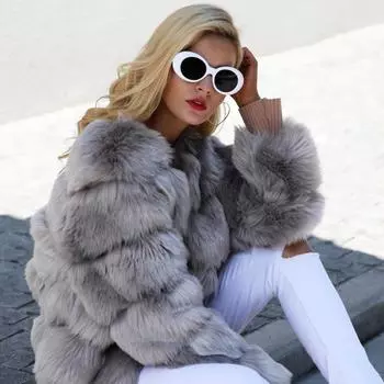 2023 Новые женские топы, модная зимняя дубленка, женская короткая куртка, теплая молния, искусственный лисьий мех, воротник с капюшоном, модная женская куртка S оранжевый