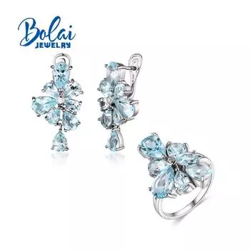 2023 Новый комплект ювелирных изделий с натуральным небесно-голубым топазом, кольцо, серьги, серебро 925 пробы, креативный дизайн, изысканные украшения для женщин, подарок L синий