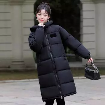 2023 Новый пуховик женский большой длинный с высоким воротником и шляпой для нового модного пальто зимнее пальто M чёрный