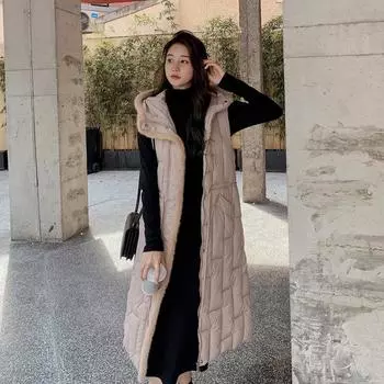 2023 Новый пуховый хлопковый жилет женский до колена свободный жилет больших размеров L чёрный