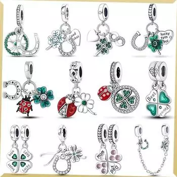 2023 Новый стиль из стерлингового серебра 925 пробы с четырьмя листами клевера и божьей коровки, очаровательные бусины белый